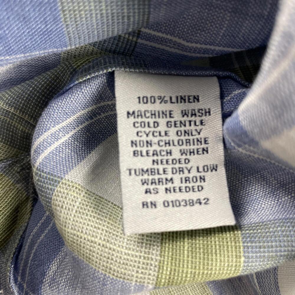 Toscano Aqua Men's Linen Gingham Plaid Button Up Shirt Blue Green Men's 2XL - Picture 9 of 10